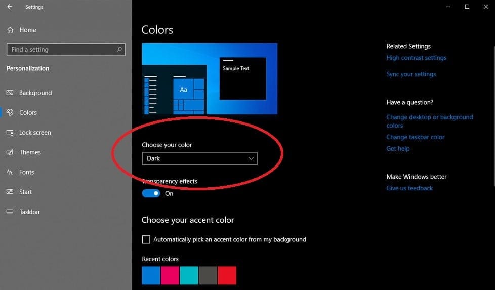 Windows 10 dark mode