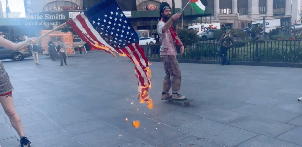 Watch: Pro-Palestinian protesters burn the American flag in NYC and chant ‘death to America’