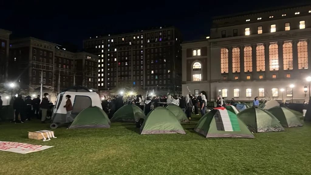 Pro-Palestine students occupy the front lawn of Columbia University