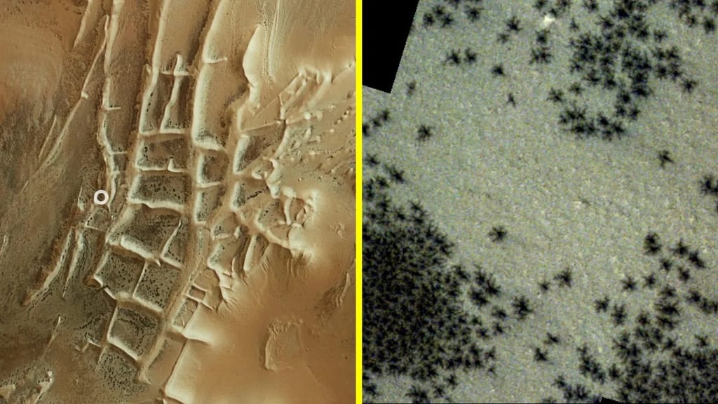 New satellite photos reveal hundreds of black 'spiders' like formations in mysterious 'Inca City' on Mars