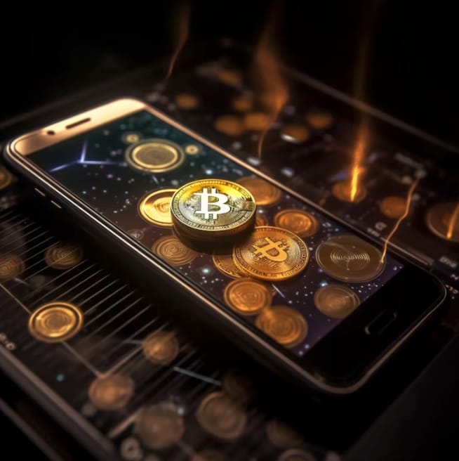 Crypto coin deposited on phone illustration design