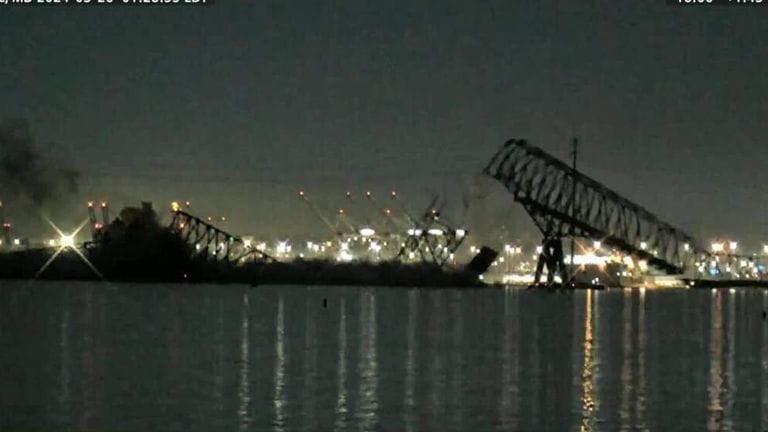 Francis Scott Key Bridge in Baltimore collapses after being hit by a ship
