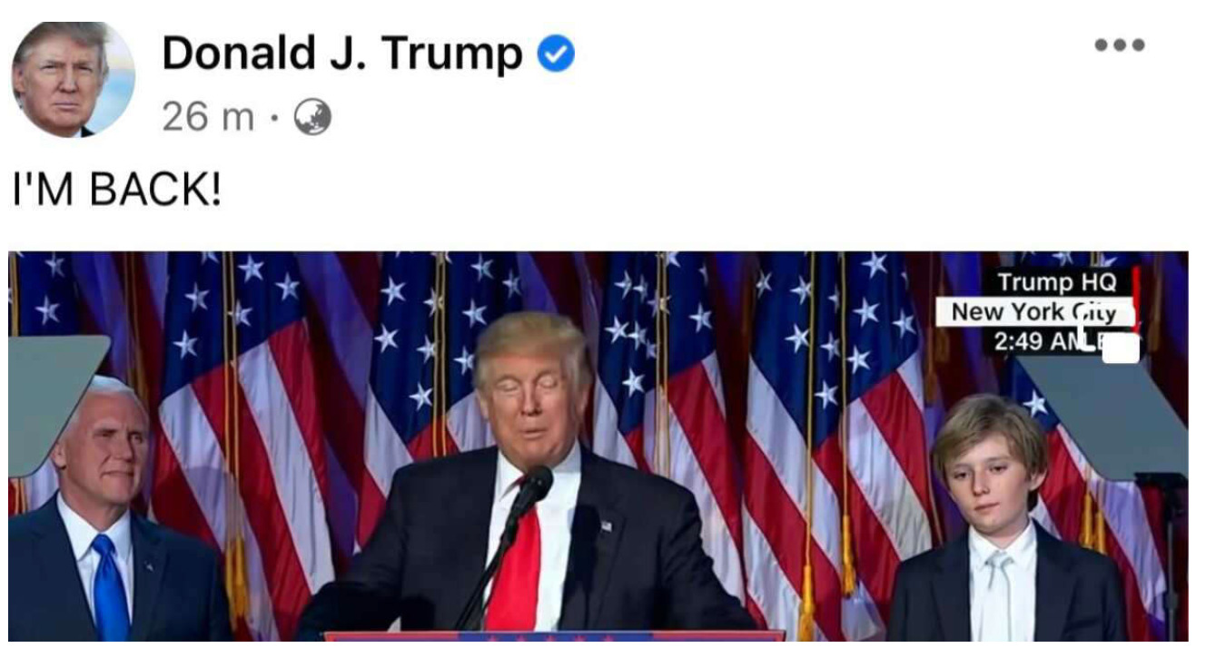 ‘I’M BACK,’ Trump writes in his first post on his reactivated Facebook and YouTube accounts