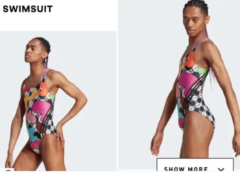 Adidas Pride 2023 women’s swimsuit modeled by a man