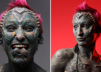 US Army veteran becomes world’s most tattooed woman with 99.98% coverage, including eyelids, eyeballs, gums, and tongue