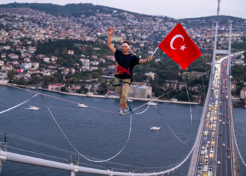 Watch: Estonian man makes history by walking from Asia to Europe on a tightrope