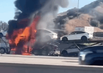 Six Tesla cars destroyed after vehicle-carrier catches fire on Los Angeles freeway