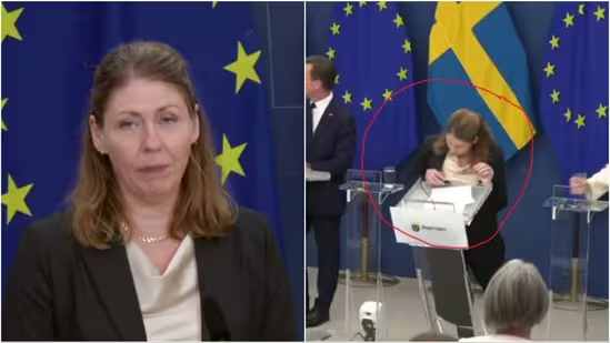 Sweden health minister Elisabet Lann collapses at briefing