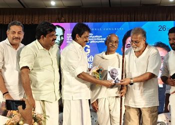 AICC General Secretary K. C. Venugopal, MP, released Gandhiji for Our Times by presenting its first copy to Tushar Gandhi, Mahatma Gandhi’s great-grandson. The event was held at the Mohammed Abdur Rahiman Sahib Memorial Hall in Kozhikode.