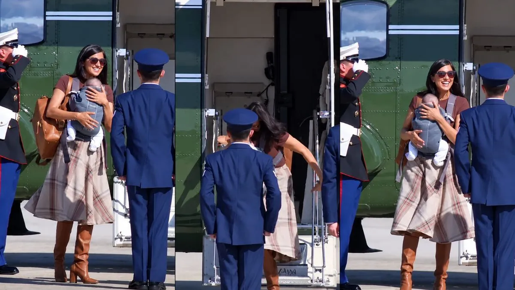 Watch: Usha Vance Nearly Stumbles While Carrying Newborn Son Down Helicopter Stairs