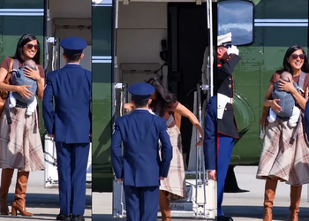 Watch: Usha Vance Nearly Stumbles While Carrying Newborn Son Down Helicopter Stairs