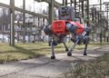 A gray and red ANYmal D four-legged robot walking through an electrical substation