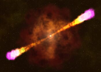 Artist's concept of a gamma-ray burst: two bright jets shoot out in opposite directions from a collapsing star inside an orange cloud of gas