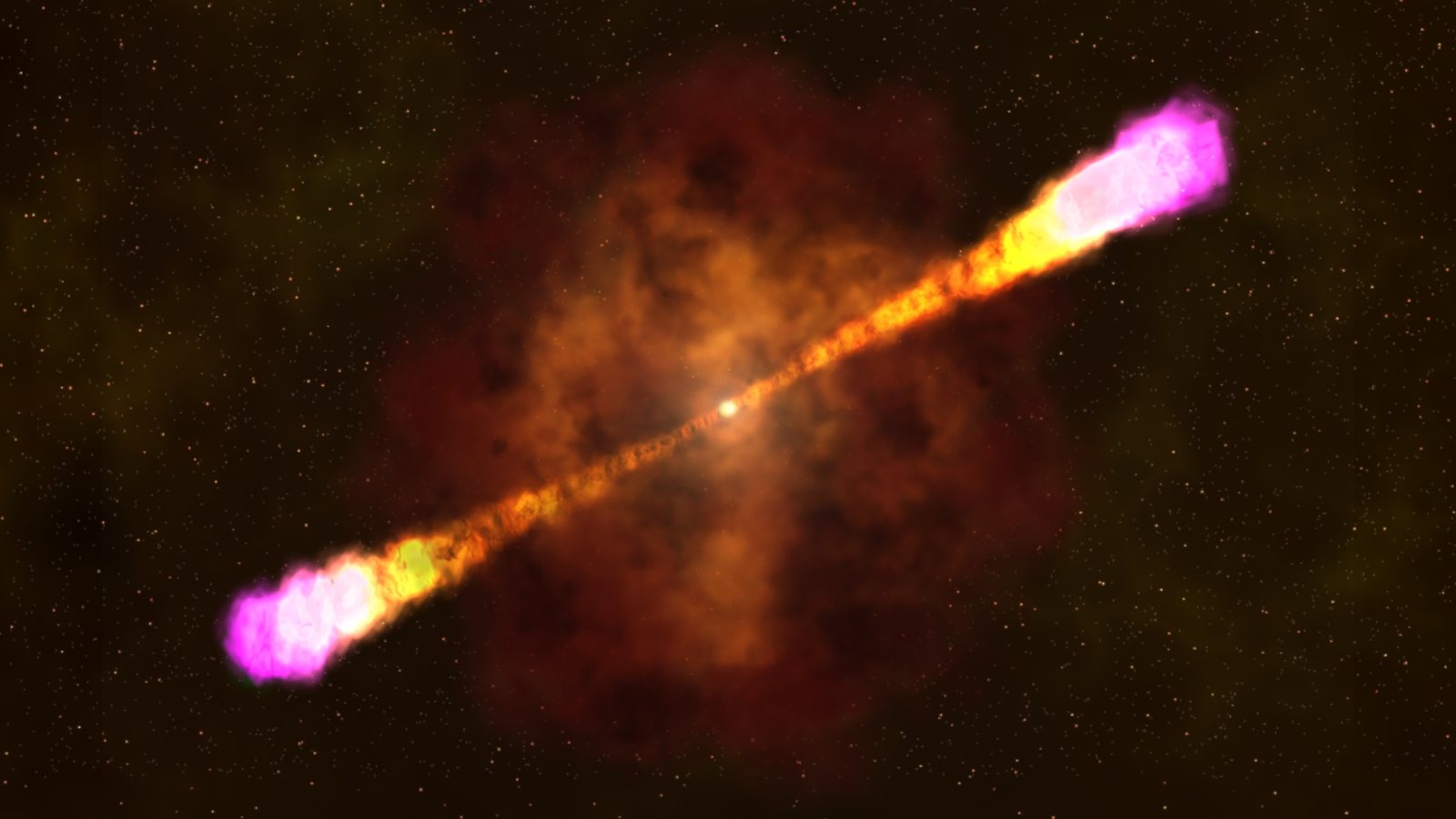 Artist's concept of a gamma-ray burst: two bright jets shoot out in opposite directions from a collapsing star inside an orange cloud of gas