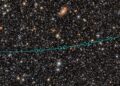 Dense field of stars imaged by Rubin Observatory, with a teal line and circles tracing the path of 2026 ED138 from 1 May to 31 May 2026