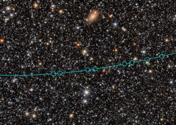 Dense field of stars imaged by Rubin Observatory, with a teal line and circles tracing the path of 2026 ED138 from 1 May to 31 May 2026
