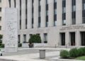 The front entrance of the E. Barrett Prettyman U.S. Courthouse on Constitution Avenue in Washington, D.C.