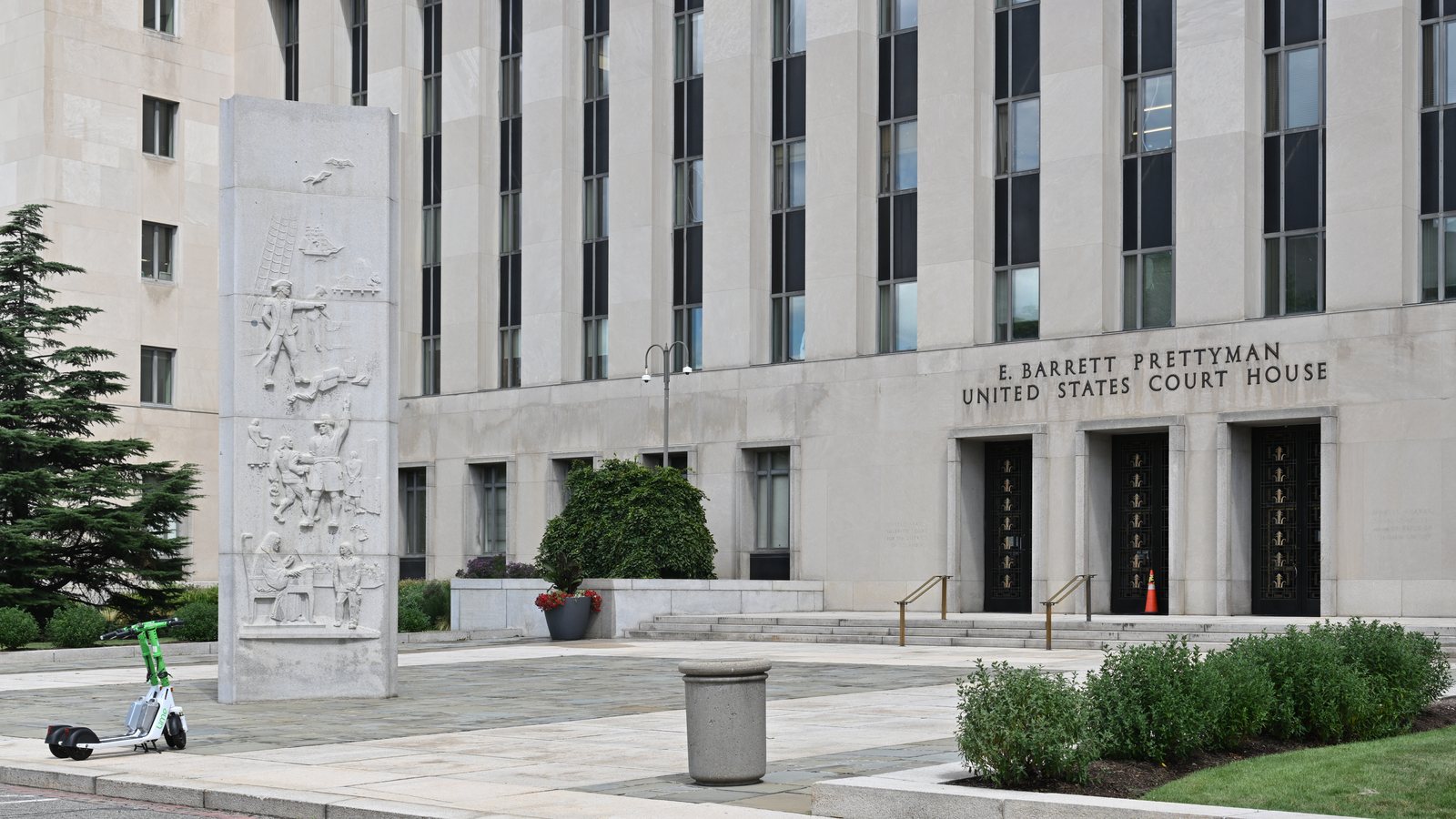 The front entrance of the E. Barrett Prettyman U.S. Courthouse on Constitution Avenue in Washington, D.C.