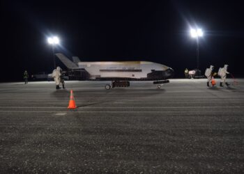 The U.S. X-37B Orbital Test Vehicle on the runway at NASA's Kennedy Space Center after landing in October 2019