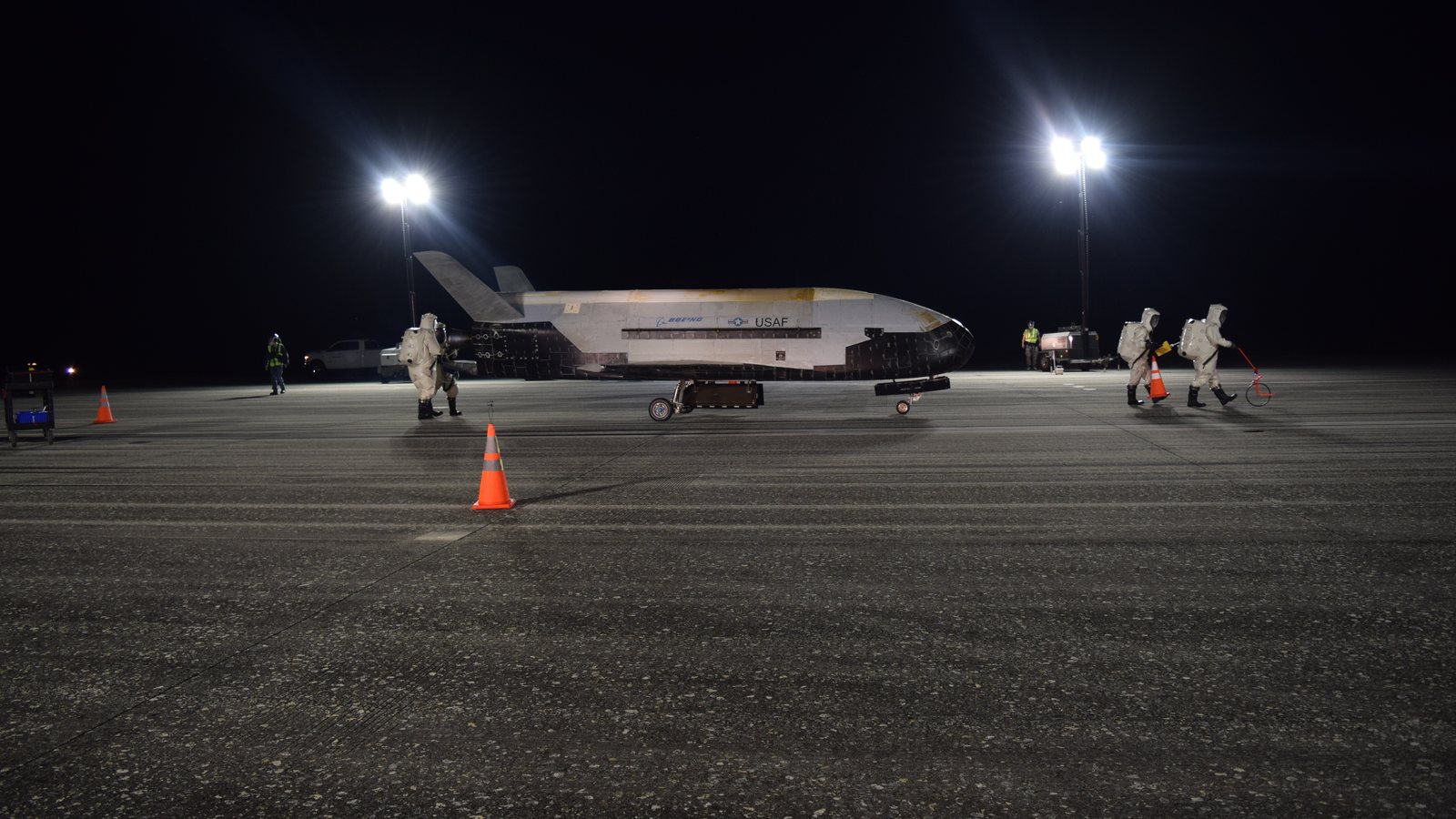 The U.S. X-37B Orbital Test Vehicle on the runway at NASA's Kennedy Space Center after landing in October 2019