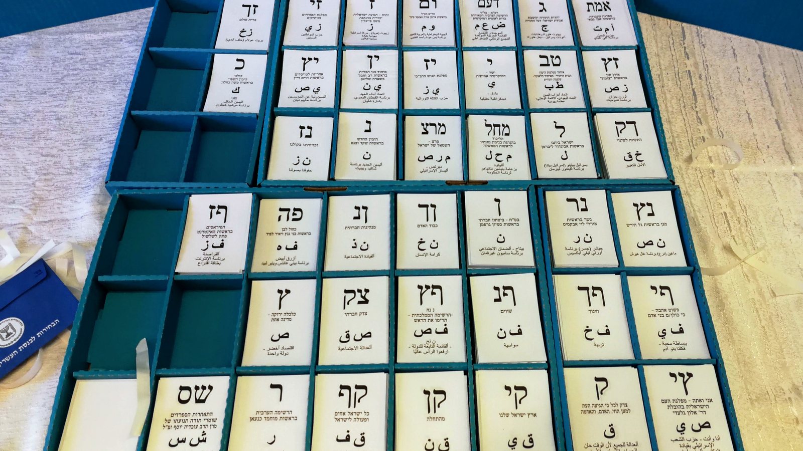 Trays of white paper ballot slips, each printed with a party's Hebrew letters, inside an Israeli voting booth