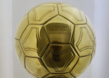 The gold ball of Cristiano Ronaldo's 2008 Ballon d'Or trophy on display at the Real Madrid Museum in Madrid