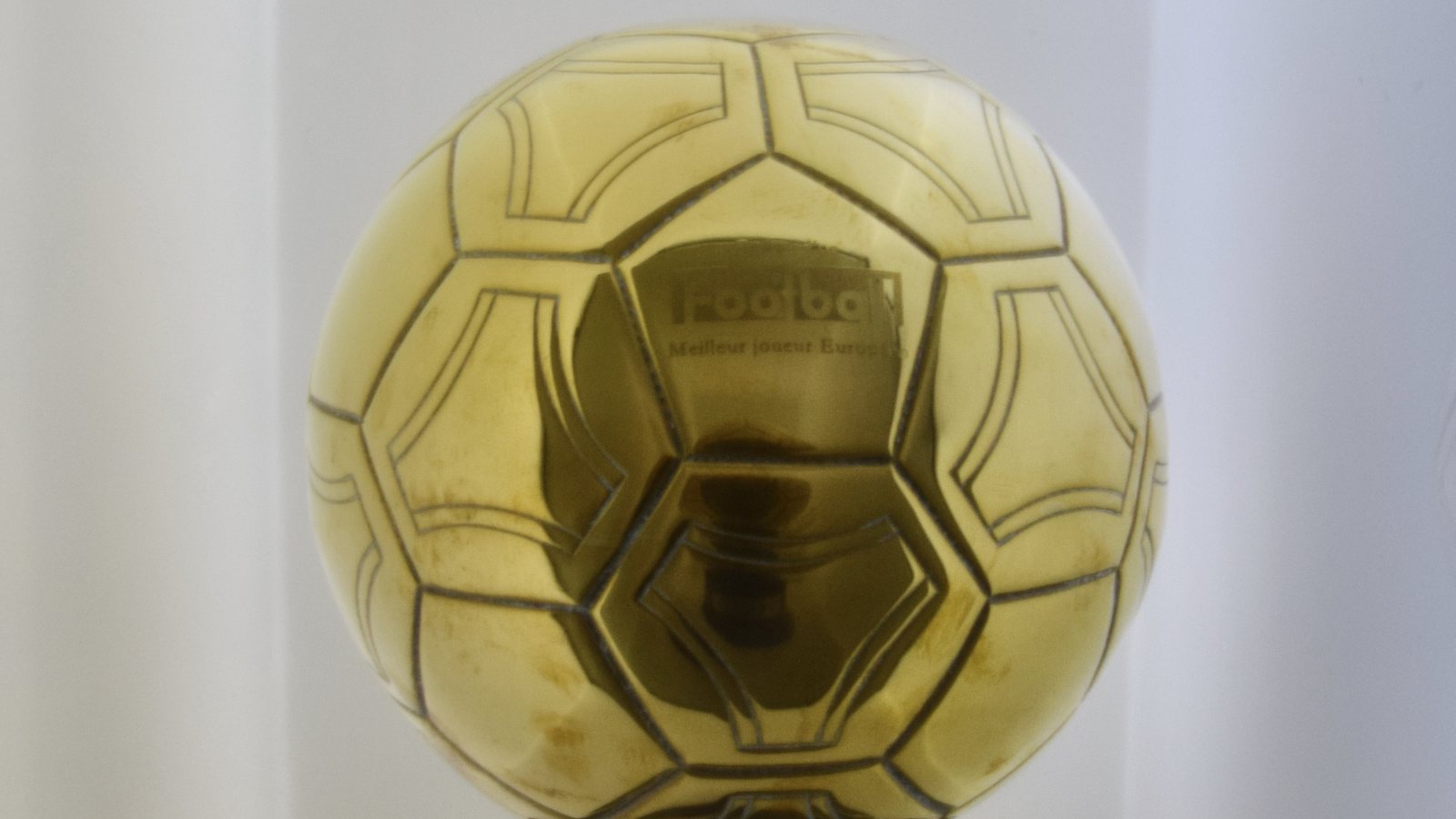 The gold ball of Cristiano Ronaldo's 2008 Ballon d'Or trophy on display at the Real Madrid Museum in Madrid