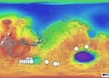 Color-coded elevation map of Mars with white circles marking 13 sites, mostly in the southern highlands, whose chemistry matches the Teghaza 001 meteorite
