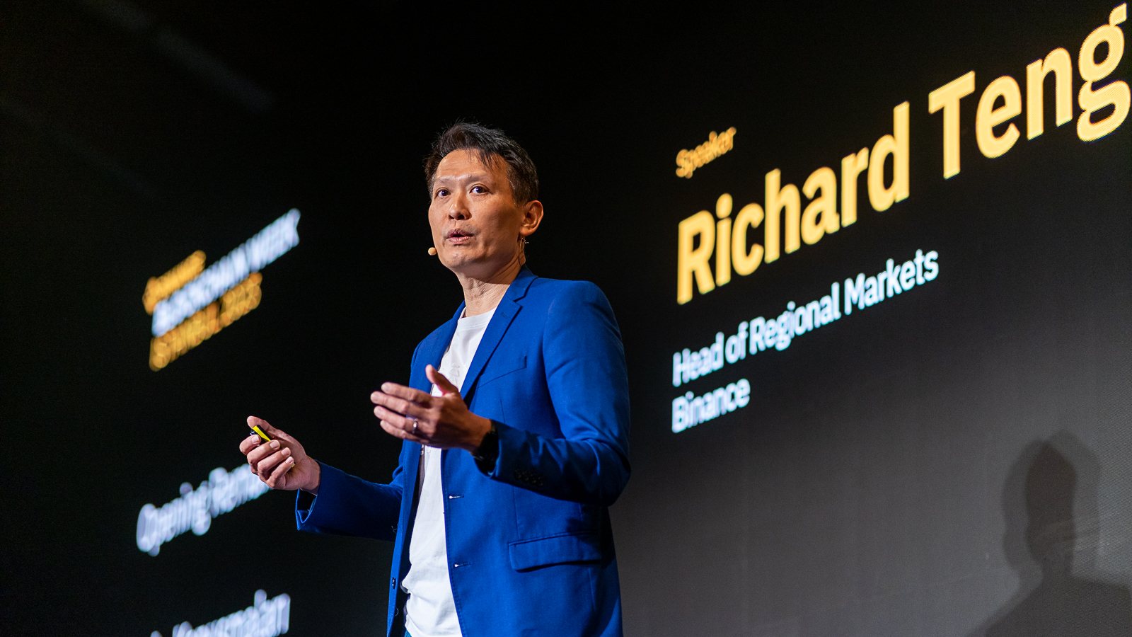 Richard Teng, now Binance's co-CEO, speaks on stage at Binance Blockchain Week in Istanbul in 2023