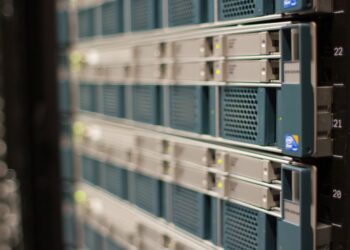 Rack-mounted servers with numbered slots in a Wikimedia Foundation data center