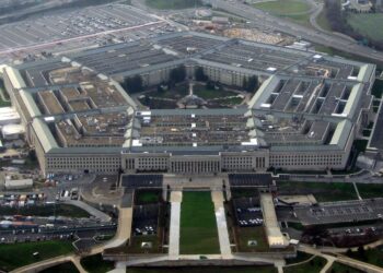 Aerial view of the Pentagon, the five-sided headquarters of the US Defense Department in Arlington, Virginia