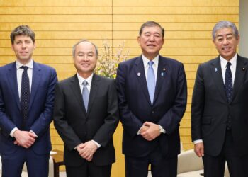 SoftBank Group founder Masayoshi Son and OpenAI chief executive Sam Altman with then Japanese Prime Minister Shigeru Ishiba in Tokyo