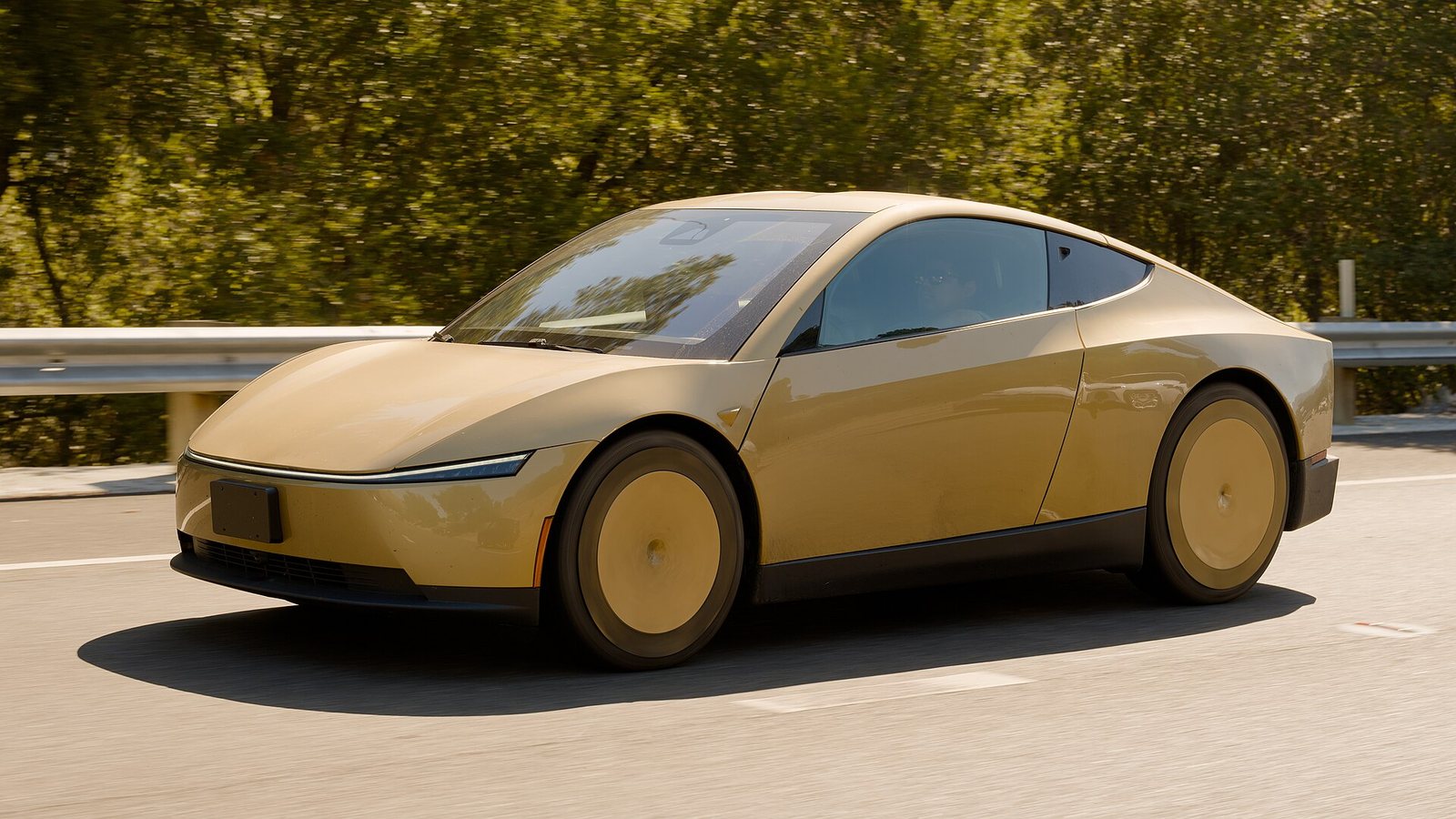 A gold Tesla Cybercab, a two-seat car with no steering wheel, driving on Interstate 280 near Palo Alto, California