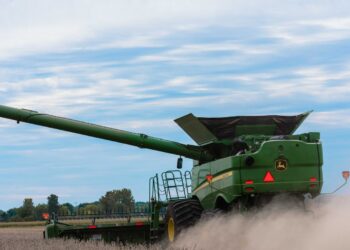 A combine harvesting soybeans on an Indiana farm