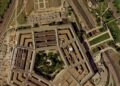 Aerial view of the Pentagon's five-sided building and surrounding parking lots in Arlington, Virginia