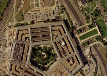 Aerial view of the Pentagon's five-sided building and surrounding parking lots in Arlington, Virginia