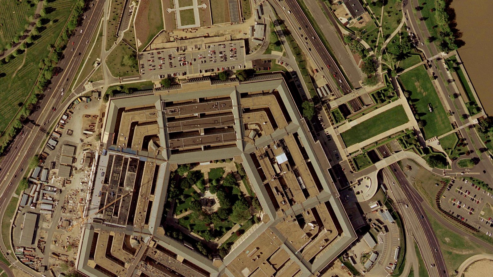 Aerial view of the Pentagon's five-sided building and surrounding parking lots in Arlington, Virginia