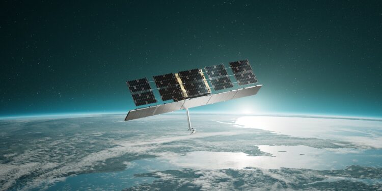 Artist's rendering of an ICEYE synthetic aperture radar satellite with solar panels orbiting above Earth