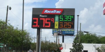 A RaceTrac gas station sign listing prices for regular gasoline, diesel and E85, with trees and power lines below