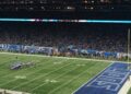 The Detroit Lions line up for a field goal at Ford Field in Detroit during a 2018 game against the Minnesota Vikings, seen from the upper deck