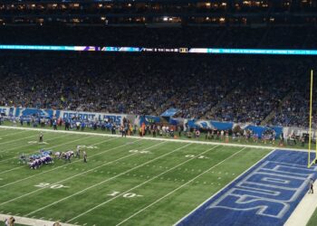 The Detroit Lions line up for a field goal at Ford Field in Detroit during a 2018 game against the Minnesota Vikings, seen from the upper deck