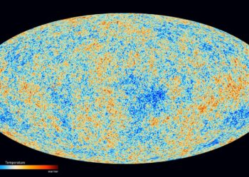 Planck satellite map of the cosmic microwave background, the oldest light in the universe, shown as mottled blue and orange temperature variations