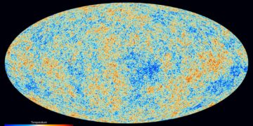 Planck satellite map of the cosmic microwave background, the oldest light in the universe, shown as mottled blue and orange temperature variations