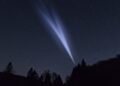 A glowing cloud of propellant vented by a Chinese Zhuque-2E rocket upper stage in the night sky over Sauk County, Wisconsin