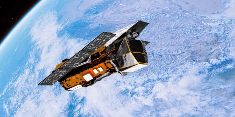 Artist's concept of NASA's Swift Observatory, wrapped in gold foil with solar panels, orbiting above clouds on Earth