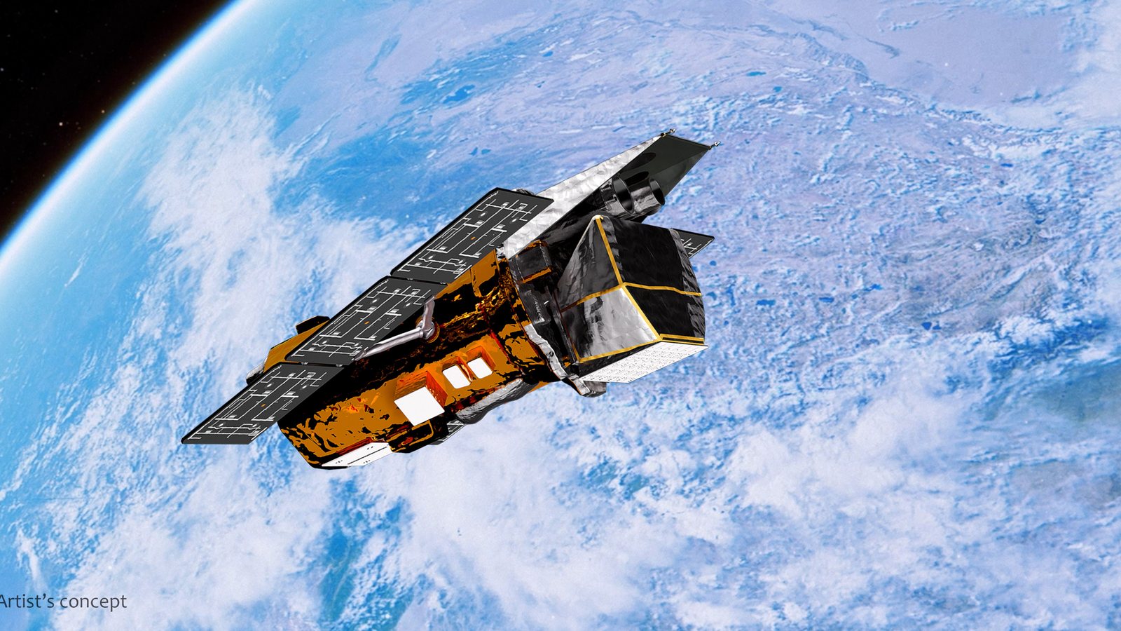 Artist's concept of NASA's Swift Observatory, wrapped in gold foil with solar panels, orbiting above clouds on Earth