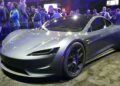 Silver Tesla Roadster prototype on display at its 2017 launch event