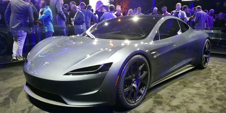 Silver Tesla Roadster prototype on display at its 2017 launch event